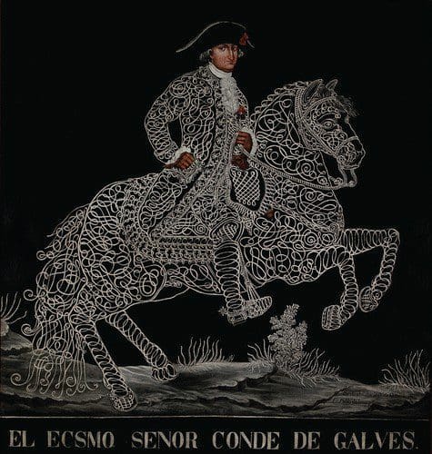 An equestrian portrait of a viceroy from Spain. The subject is painted in typical portrait style, but the horse and the body are composed of swirly white graphic calligraphy against a black backdrop.